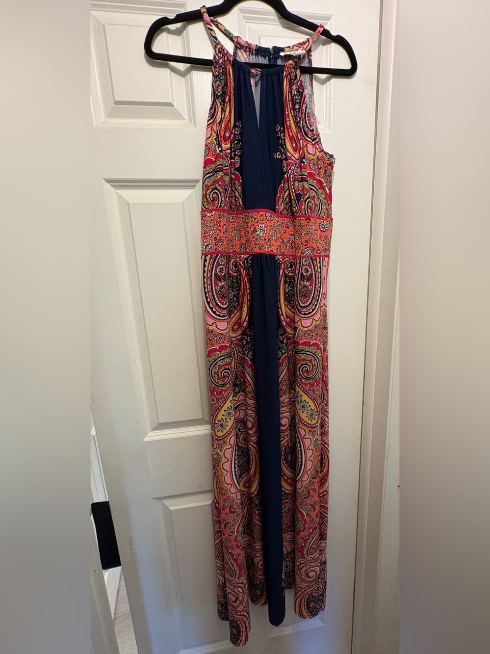 London Times Navy and Pink Paisley Halter Maxi Dress with Coral Waistband